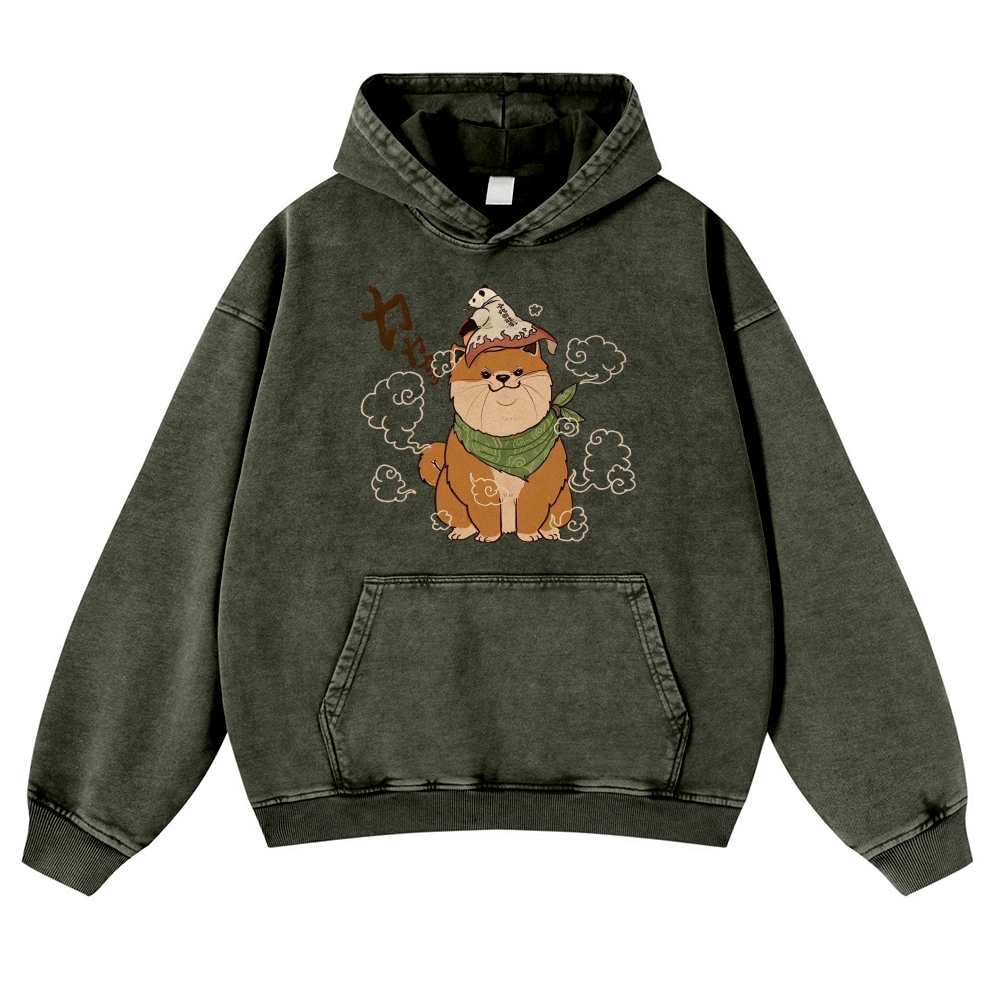 Japanese Panda Shiba Inu Pattern Vintage Washed Hoodie-moweekender