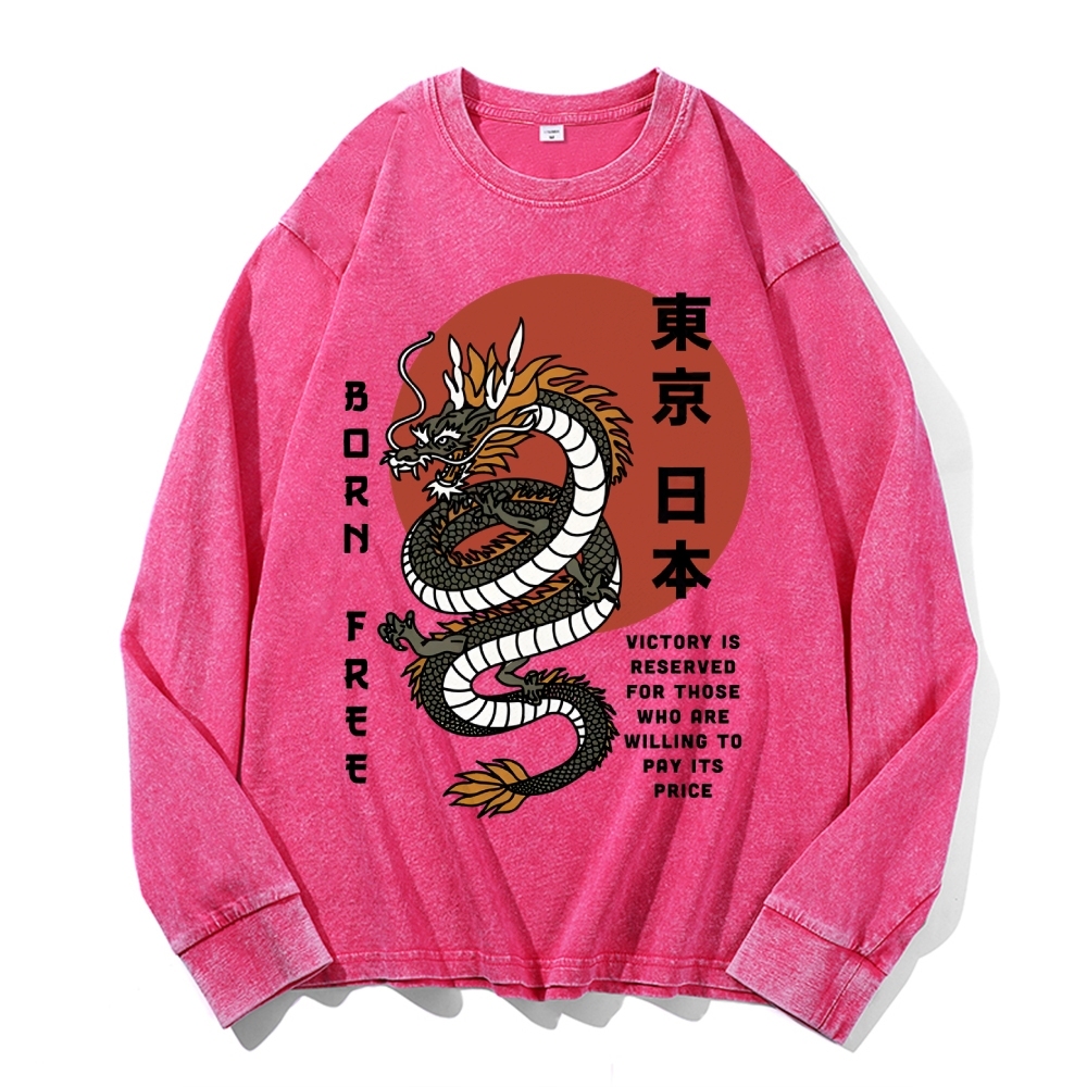 Tokyo Dragon Pattern Deep Washed Vintage Long Sleeves T-Shirt-moweekender