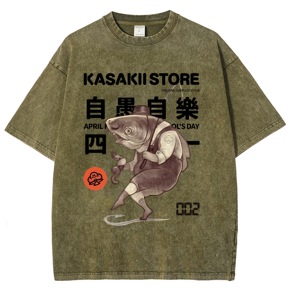 Fishing Shark Man Washed Vintage Short Sleeves T-Shirt-moweekender
