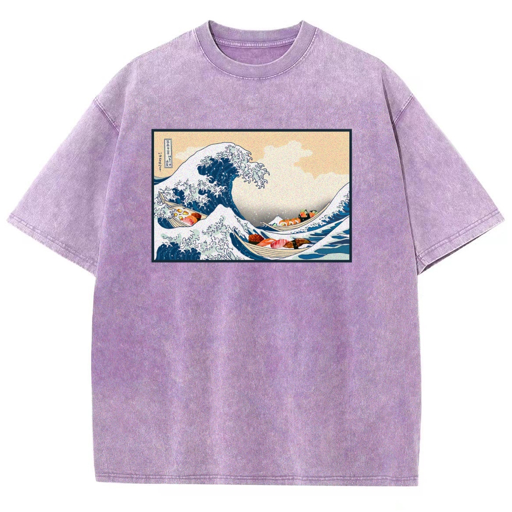 Sushi Ship Wave Ukiyoe Washed Vintage Short Sleeves T-Shirt-moweekender