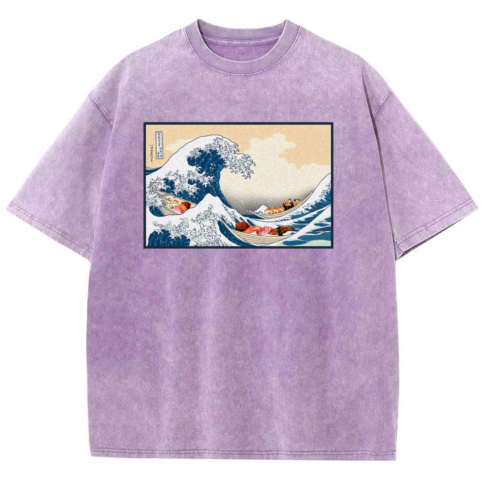 Sushi Ship Wave Ukiyoe Washed Vintage Short Sleeves T-Shirt-moweekender