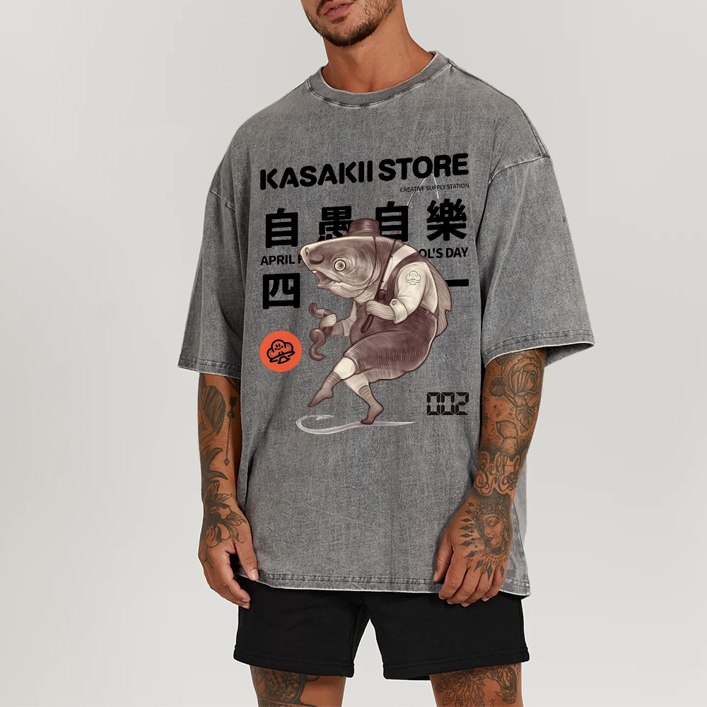 Fishing Shark Man Washed Vintage Short Sleeves T-Shirt-moweekender