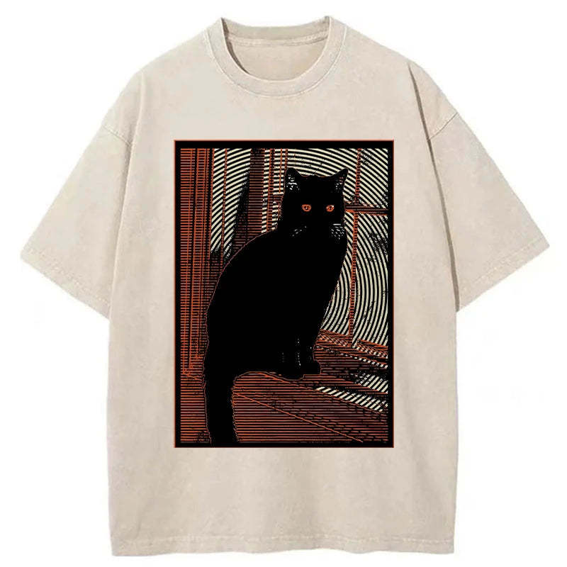 Mysterious Black Cat Washed Vintage T-Shirt-moweekender