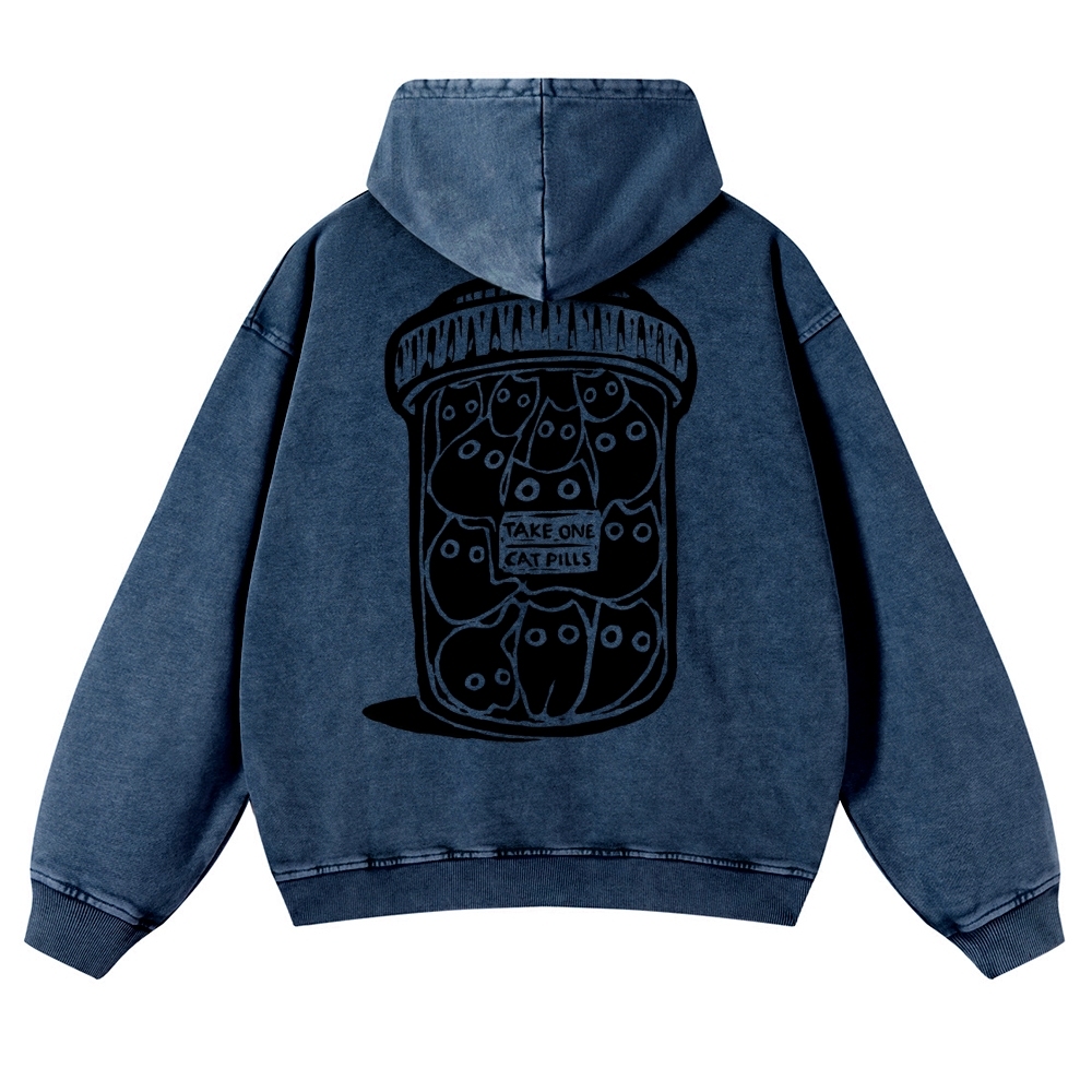 Black Cat Pills Pattern Vintage Washed Hoodie-moweekender