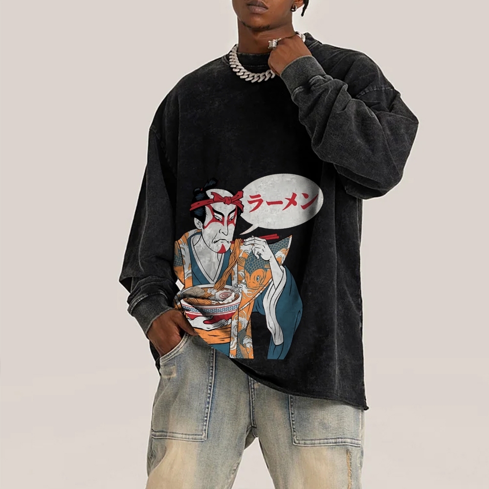 Japanese Warrior Ramen Deep Washed Vintage Long Sleeves T-Shirt-moweekender