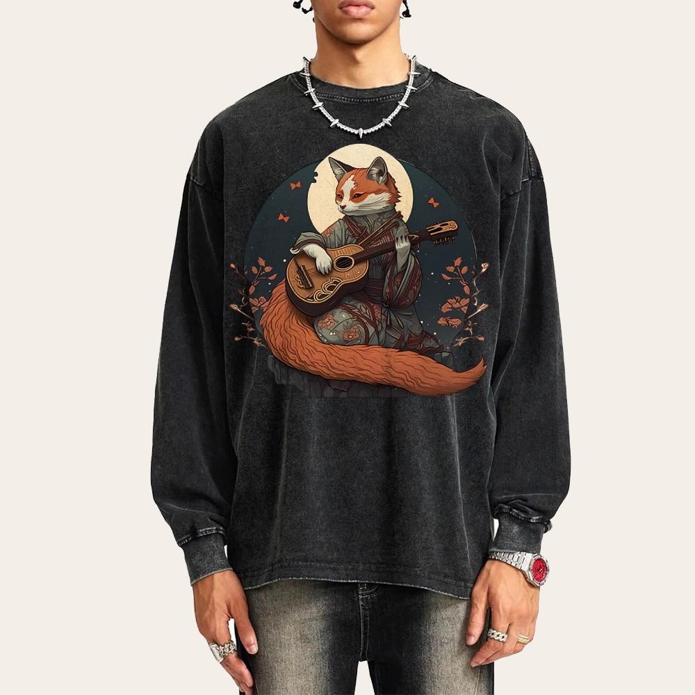 Guitar Fox Ukiyoe Painting Deep Washed Vintage Long Sleeves T-Shirt-moweekender
