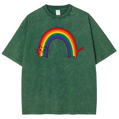 Rainbow Cat Washed Oversized T-Shirt-moweekender