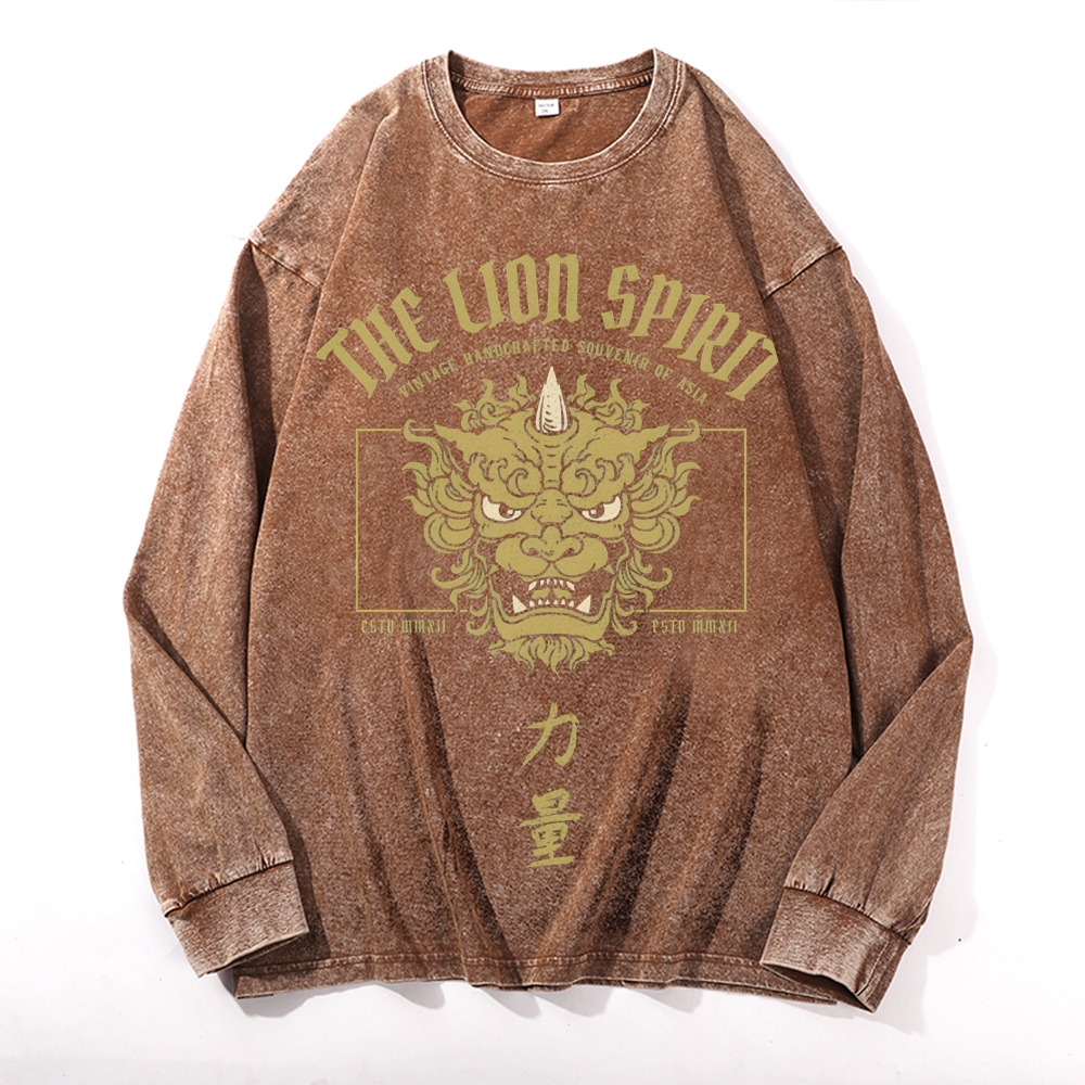 Lion Power Pattern Deep Washed Vintage Long Sleeves T-Shirt-moweekender