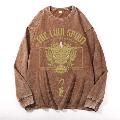 Lion Power Pattern Deep Washed Vintage Long Sleeves T-Shirt-moweekender