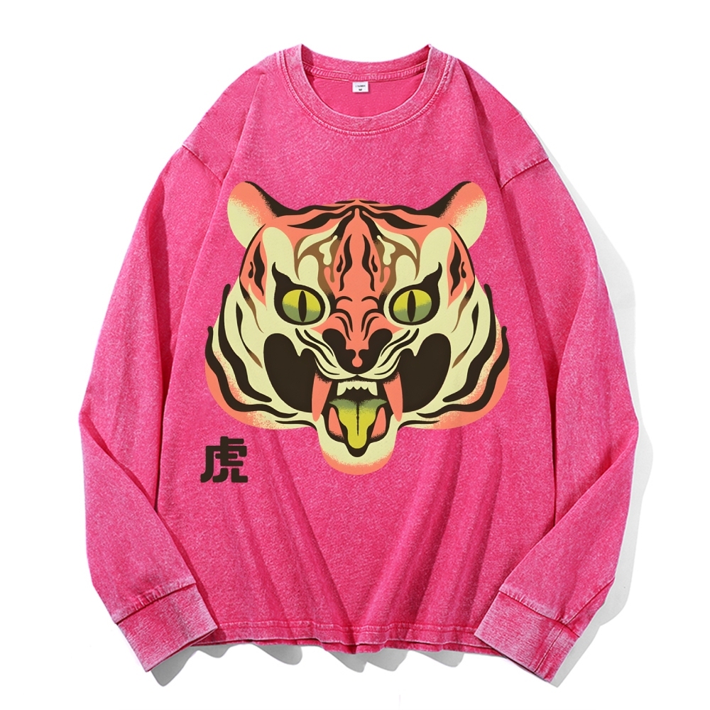 Tiger Roar Deep Washed Vintage Long Sleeves T-Shirt-moweekender