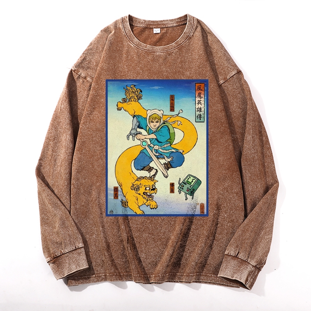 Hero Story Pattern Deep Washed Vintage Long Sleeves T-Shirt-moweekender