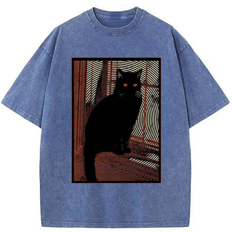 Mysterious Black Cat Washed Vintage T-Shirt-moweekender