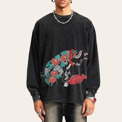 Flower Tattoo Cat Deep Washed Vintage Long Sleeves T-Shirt-moweekender