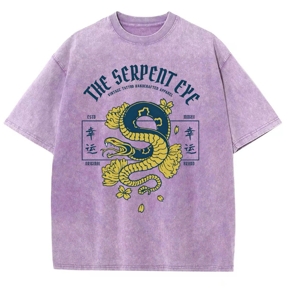Japan Lucky Snake Sign Washed Vintage Short Sleeves T-Shirt-moweekender