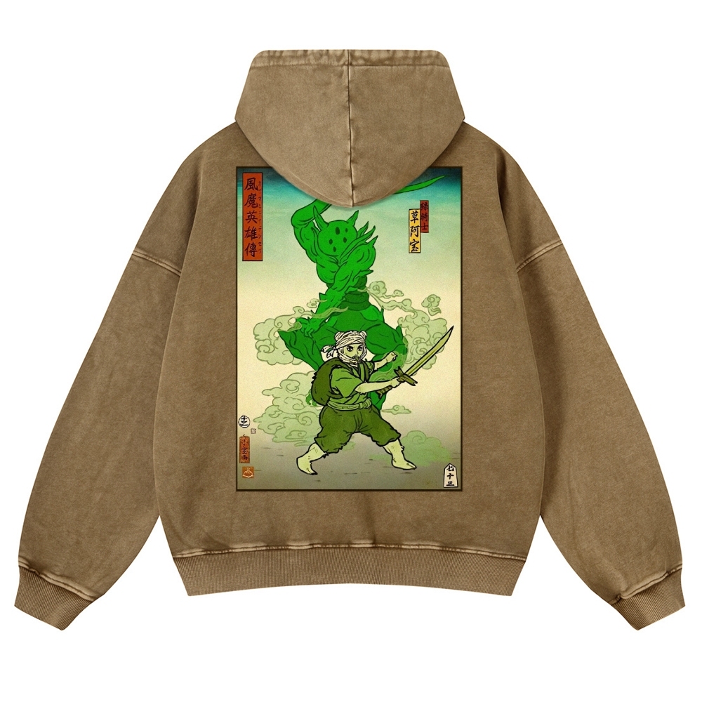 Hero Story Pattern Printed Vintage Washed Hoodie-moweekender