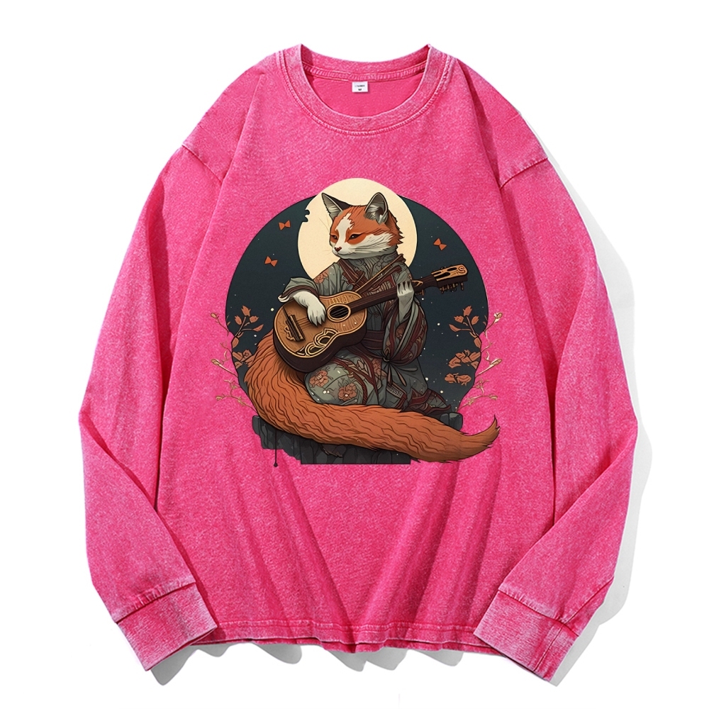 Guitar Fox Ukiyoe Painting Deep Washed Vintage Long Sleeves T-Shirt-moweekender