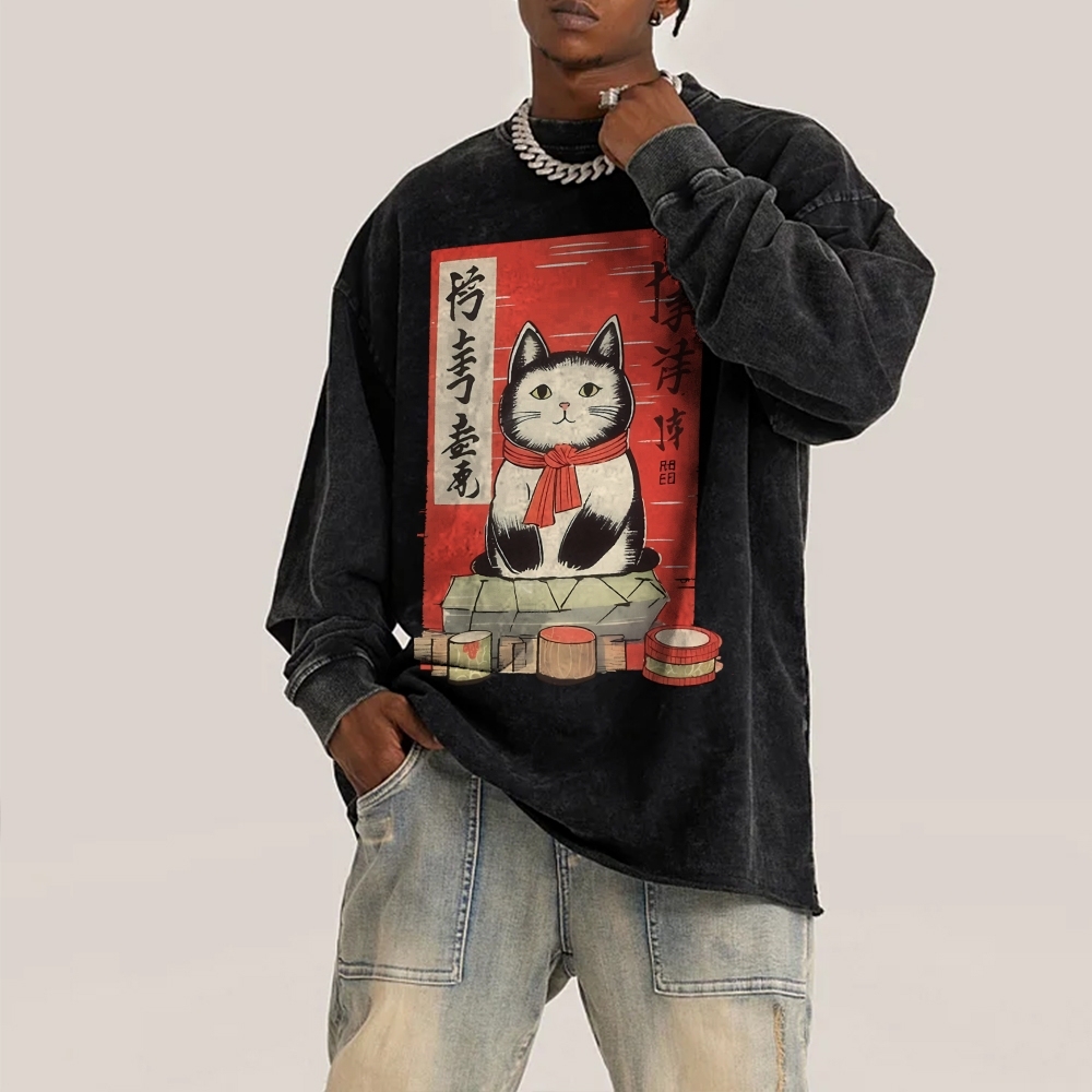 Japan Cat Painting Deep Washed Vintage Long Sleeves T-Shirt-moweekender