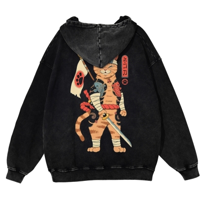 Sushi Warrior Cat Casual Vintage Washed Hoodie-moweekender