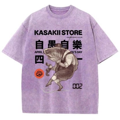 Fishing Shark Man Washed Vintage Short Sleeves T-Shirt-moweekender