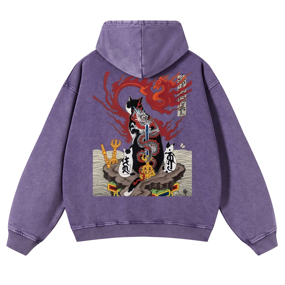 Loong Tattoo Cat Vintage Washed Hoodie-moweekender