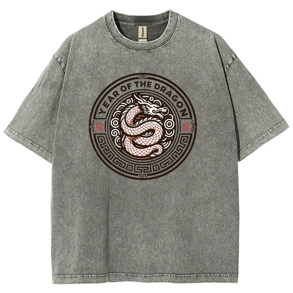 Traditional Dragon Pattern Washed Vintage Short Sleeves T-Shirt-moweekender