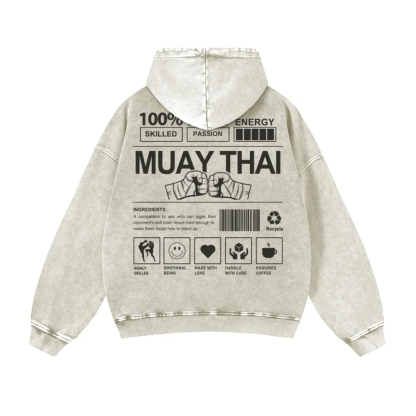 Muay Thai Printed Vintage Washed Hoodie-moweekender