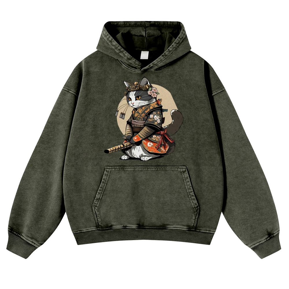 Warrior Cat Printed Vintage Washed Hoodie-moweekender