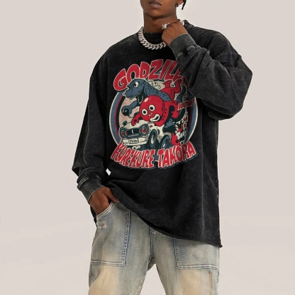 Godzilla Cartoon Pattern Deep Washed Vintage Long Sleeves T-Shirt-moweekender