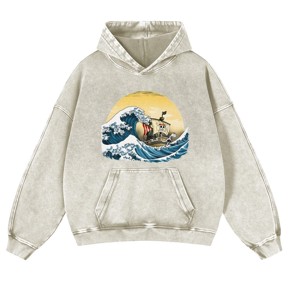 Straw Hat Pirate Ship Ukiyoe Vintage Washed Hoodie-moweekender
