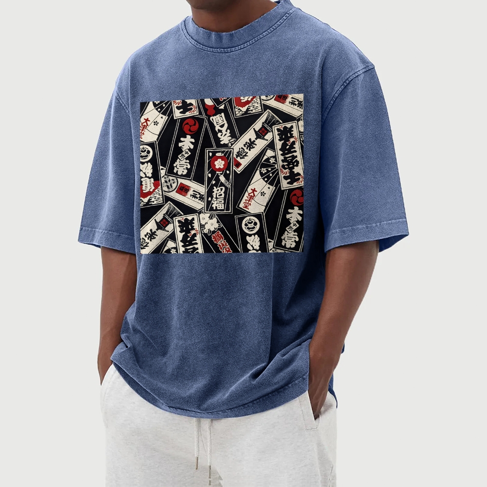 Japan Card Pattern Washed Vintage Short Sleeves T-Shirt-moweekender