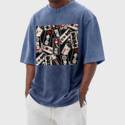 Japan Card Pattern Washed Vintage Short Sleeves T-Shirt-moweekender