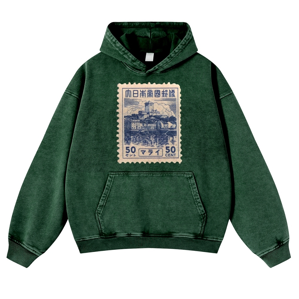 Japan Old Stamp Pattern Vintage Washed Hoodie-moweekender