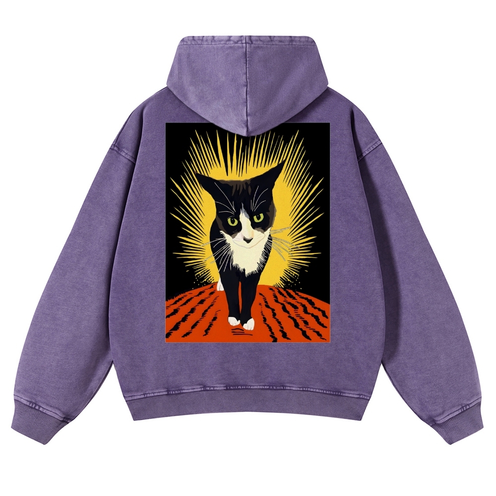 Rebel Cat Casual Vintage Washed Hoodie-moweekender