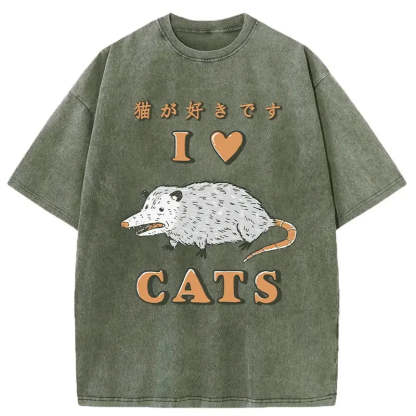 I Like Cats Washed Vintage T-Shirt-moweekender