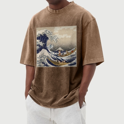 Cat Ship Wave Ukiyoe Washed Vintage Short Sleeves T-Shirt-moweekender