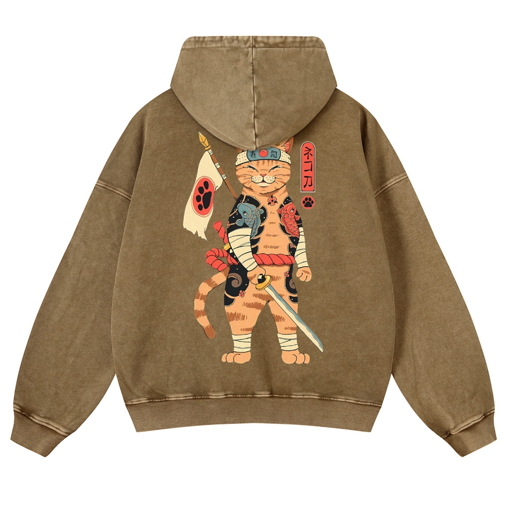 Sushi Warrior Cat Casual Vintage Washed Hoodie-moweekender