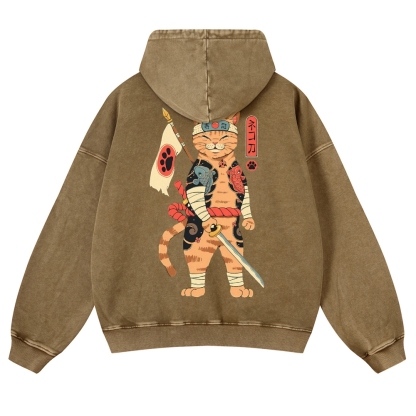Sushi Warrior Cat Casual Vintage Washed Hoodie-moweekender