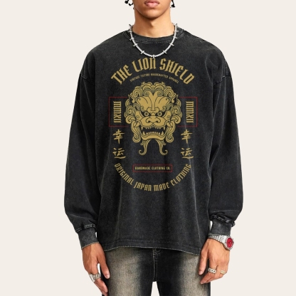 Lucky Lion Pattern Deep Washed Vintage Long Sleeves T-Shirt-moweekender