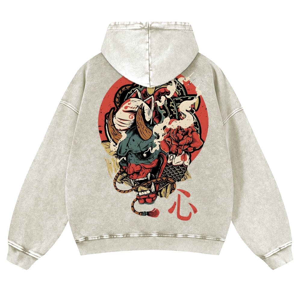 Japanese Traditional Mask Pattern Vintage Washed Hoodie-moweekender