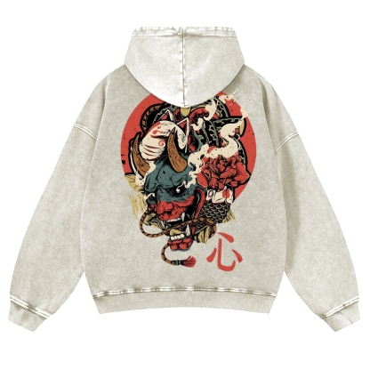 Japanese Traditional Mask Pattern Vintage Washed Hoodie-moweekender