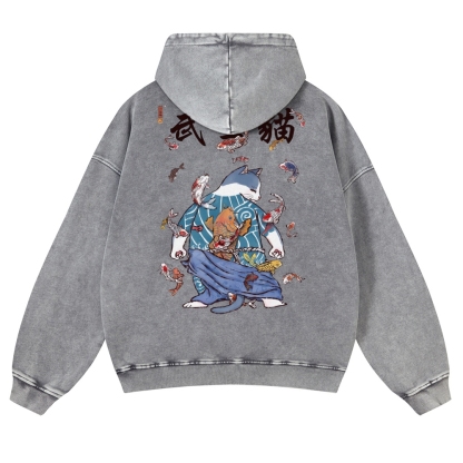 Fish Rain Tattooed Cat Vintage Washed Hoodie-moweekender