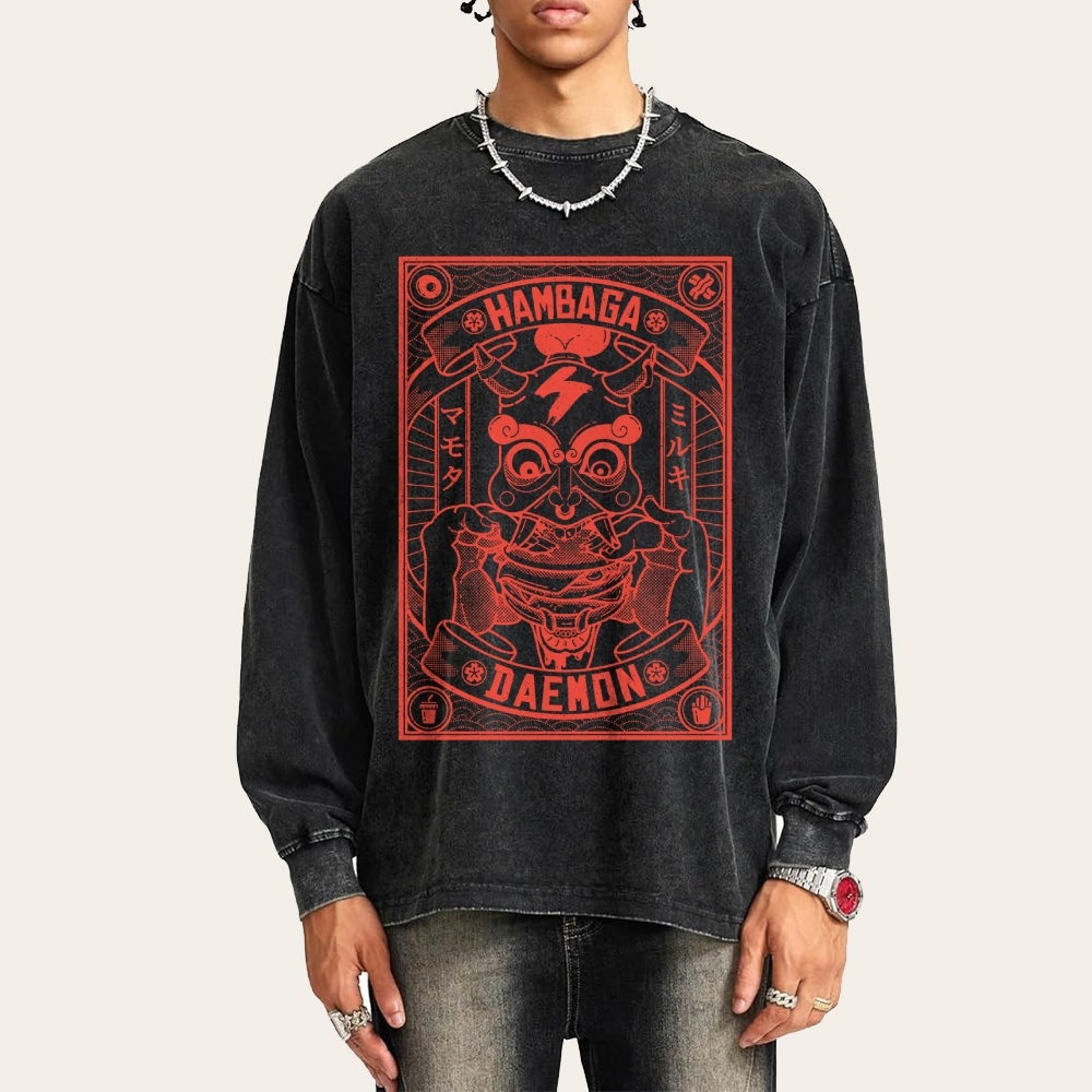 Demon Burger Printed Deep Washed Vintage Long Sleeves T-Shirt-moweekender