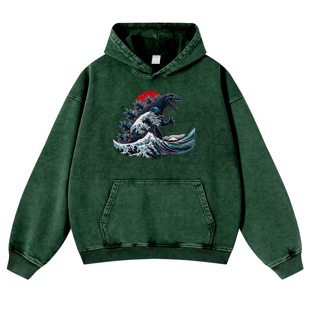 Japanese Godzilla Wave Ukiyoe Vintage Washed Hoodie-moweekender