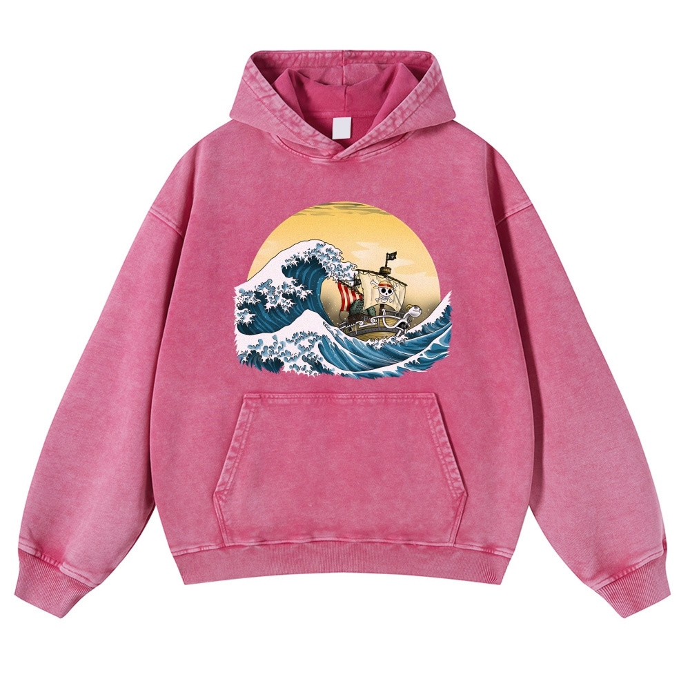 Straw Hat Pirate Ship Ukiyoe Vintage Washed Hoodie-moweekender