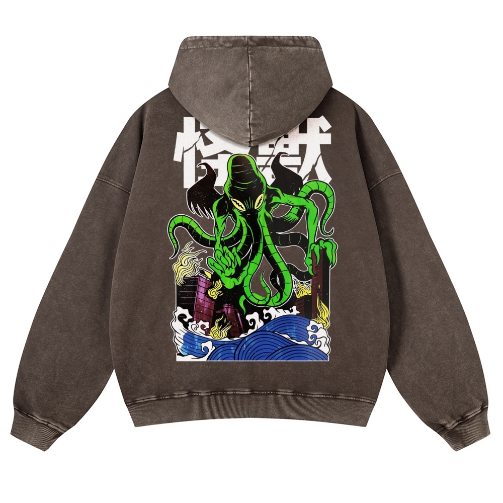 Octopus Monster Casual Vintage Washed Hoodie-moweekender