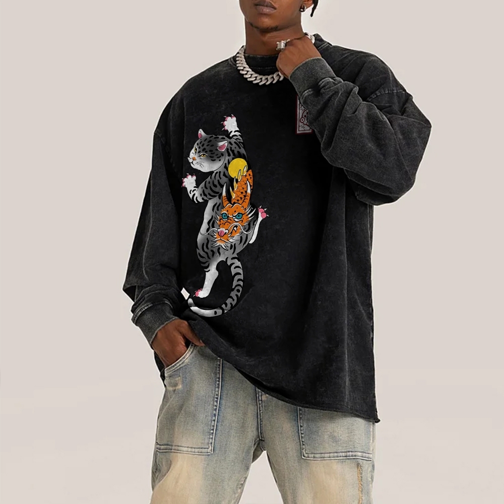 Loong Leopard Cat Pattern Deep Washed Vintage Long Sleeves T-Shirt-moweekender