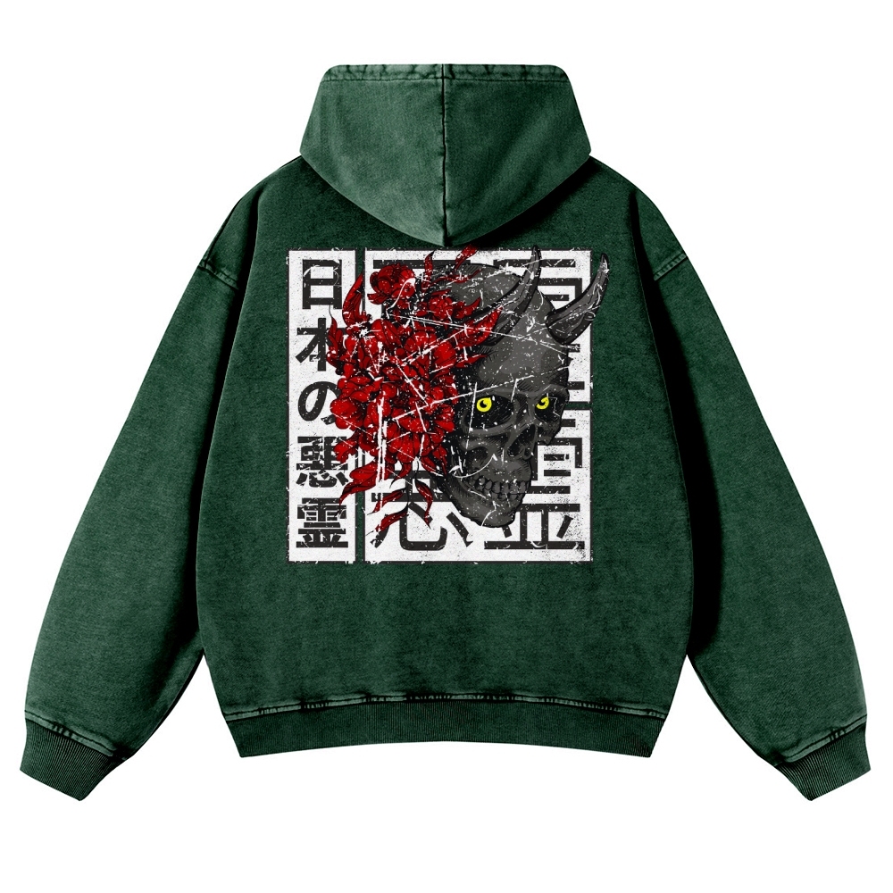 Japanese Ancient Devil Casual Vintage Washed Hoodie-moweekender