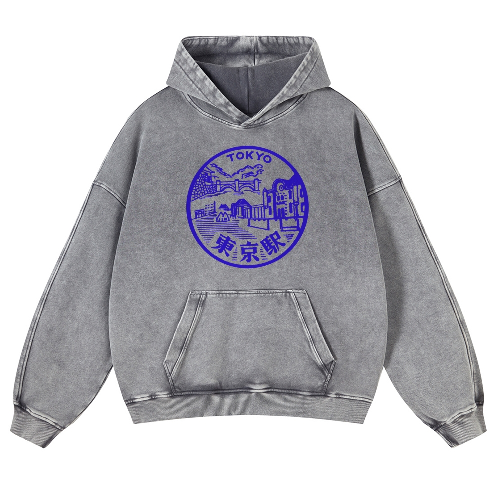 Tokyo Station Sign Vintage Washed Hoodie-moweekender
