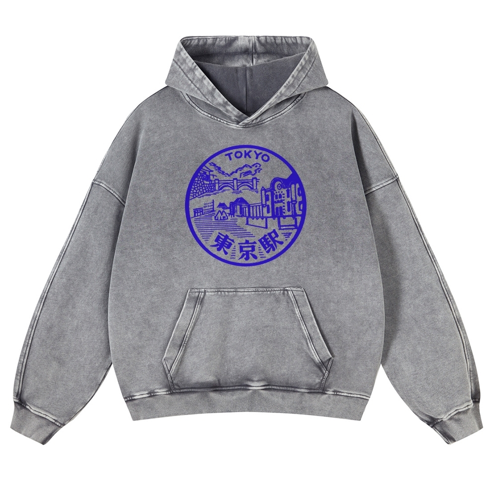 Tokyo Station Sign Vintage Washed Hoodie-moweekender