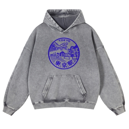 Tokyo Station Sign Vintage Washed Hoodie-moweekender